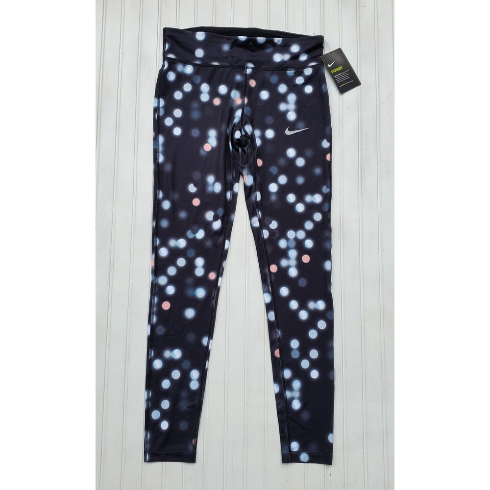 Nike Power Dri-FIT Running Leggings Black Bokeh Polka Dot NEW Womens M Gymcore